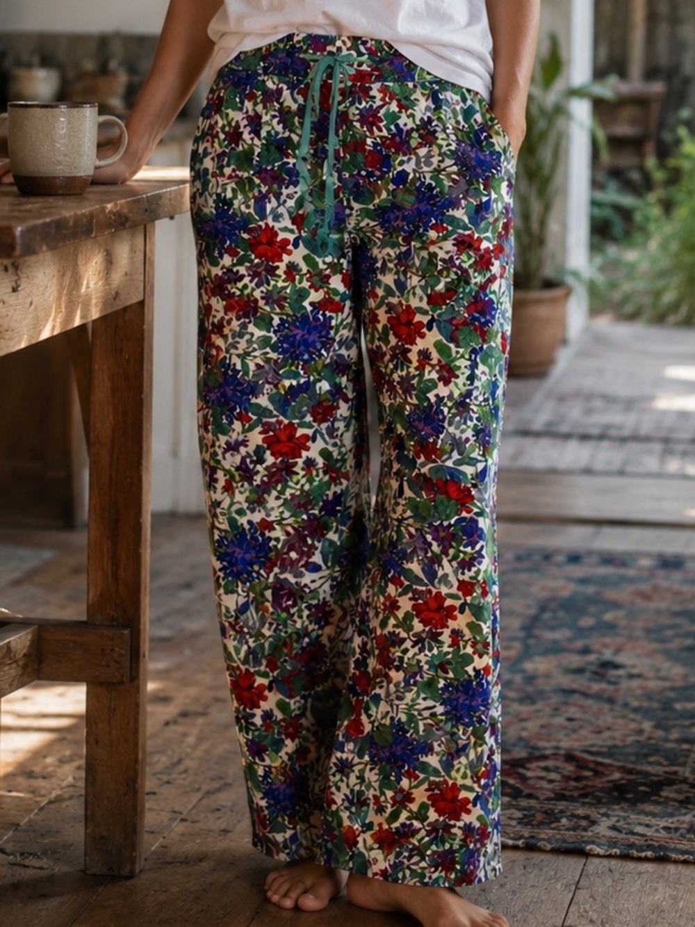 PERUVIAN CONNECTION Pima Cotton Drawstring Pajama Lounge Pants Women’s L Floral